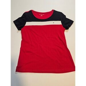 Tommy Hilfiger T-Shirt Women Large Red Colorblock Americana Logo Short Sleeve